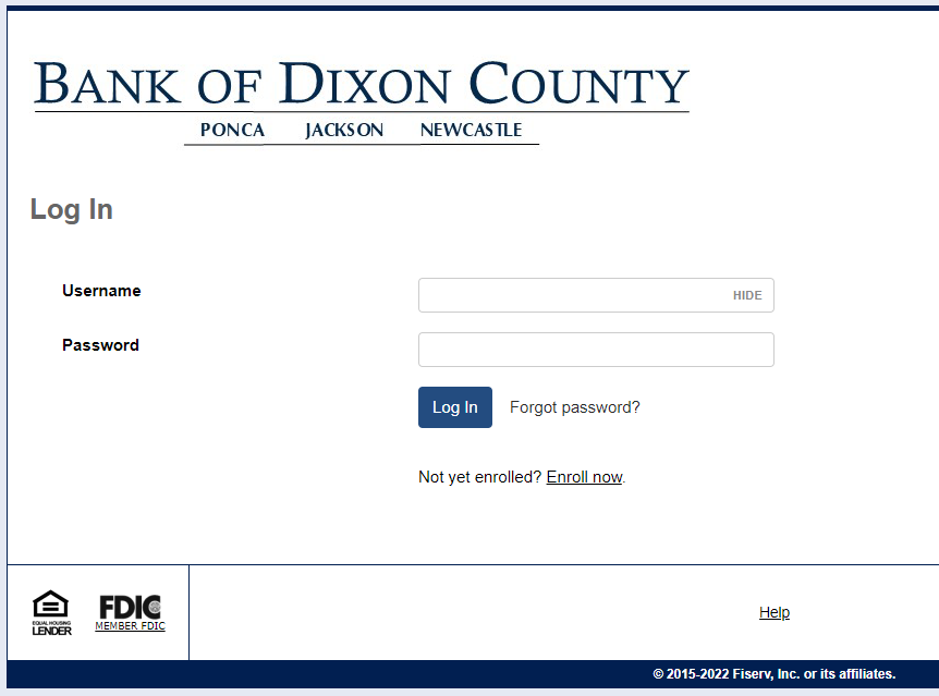 Bank of Dixon County internet banking login screenshot.